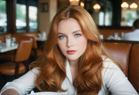 ((CinematicPortrait analog photo)) ginger woman indoors, lipstick, blue eyes, glossy  lipstick, (restaurant), ((soft focus, depth of field, film grain, looking at viewer)) <lora:CinematicPortraitXL_v3:0.65>
