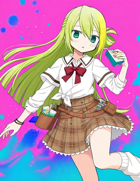 masterpiece, best quality, newest, absurdres, highres, safe, 1girl, alina gray \(school uniform\), magia record: mahou shoujo madoka magica gaiden, white sleeves, tool belt, solo, juice box, abstract, pink background, dutch angle, <lora:alina_gray_noobaiXLNAIXL_vPred10Version:0.7>