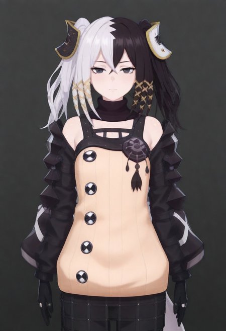 masterpiece, best quality, amazing quality,,, shiny skin,,,,,,<lora:Zesshi_Zetsumei:1> Z3ssh1Z3ts0m31, white hair, multicolored hair, black hair, long hair, two-tone hair, black eyes, gloves, jewelry, black gloves, hair ornament, skirt, pantyhose, ribbon,