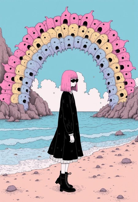 cr33p, wide shot of a ultra cool mysterious goth girl with pink hair wearing black sunglasses, walking along the beach, a rainbow above her made of creepy monsters, gentle pastel colors