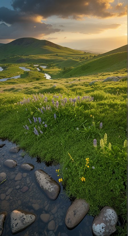 (no human:1.18), (scenic open landscape:1.32) view over (rolling hills overlooking (a serene (narrow lake:1.26) at dawn or dusk for a dramatic sky) and reflection in a vast scenic landscape photography, 
(narrow:1.26) stream, Streamside stones, rounded pebbles, Mountain wildflowers: lupines, gentians, Lush meadow: clover, buttercups (Late morning shadows, trees casting dappled patterns, leaf, grass, dew drops), 
, p4<lora:sdxl\Hyper_Realism_Pony_XL.safetensors:0.85:0.18>  
p4,s1