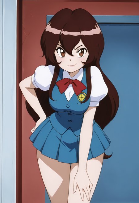 masterpiece, best quality, solo, curvy, beautiful eyes, aged up, large breasts, wide hips, narrow waist, 1girl, solo, smile, looking at viewer, zzGiselle, brown eyes, hair between eyes, brown hair, long hair,   red bowtie, puffy short sleeves, blue vest, buttons, blue skirt, smug,  <lora:GisellePokemon_IXL:1.0>,     , smile, looking at viewer, cowboy shot, leaning forward, smug, aged up, <<lora:MantisIXL_v2:0.8>,