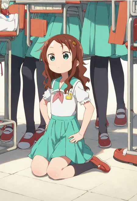rikos, saisch, long hair, green skirt, brown hair, hair ornament, green eyes, flower, hair flower, school uniform, shoes, socks, uwabaki,  thighhighs,    sitting,   score_9, score_8_up, score_7_up, ,source_anime, best quality, masterpiece,   , full body view,  1girl , solo , girl focus , hands on hips,