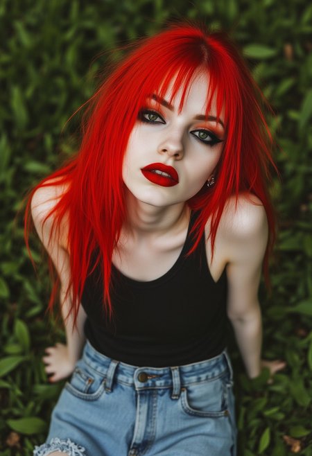 FictionalEmber,bright red hair,heavy black eye makeup and intense red lips. laying in the grass ,tanktop and denim shorts