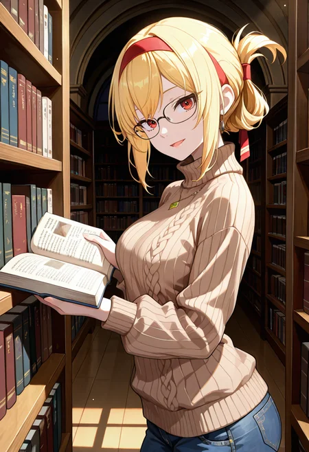 1girl, solo, anime coloring, anime artwork, unholy-aesthetic, masterpiece, best quality, newest, absurdres, highres, safe, CG, cinematic lighting, natural shadow, highest detail, detailed background, intricate scenery, depth of field, insane details, intricate, subsurface scattering, very aesthetic, serene atmosphere, artistic rendering, dramatic contrast, luminous elements, soft painterly texture, striking visual design, finely detailed face, beautiful face, from side, head tilt, looking at viewer,
light smile, half open mouth,
library, bookshelf, too many books,
holding book, reading,
<lora:kaelaIL:0.45> kaelaIL, folded ponytail, blonde hair, red eyes, tsurime, glasses, medium breasts, red hairband,
jeans, sweater, brown sweater, sweater dress, turtleneck sweater