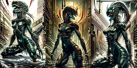 (otherworldly), highly insanely detailed, masterpiece, top quality, best quality, highres, 4k, 8k, RAW photo, (very aesthetic, beautiful and aesthetic), 
__lazy-wildcards/cosplay-char/alien-predator/xenomorph/prompts__, 
<lora:FemXeno:0.7>, 
(1girl:1.3), eyes focus, 
__lazy-wildcards/dataset/background__,âââ