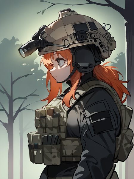 score_9, score_8_up, score_7_up, score_6_up, score_5_up,  tactical clothes, 1girl, ginger hair, solo, helmet, gloves, grey eyes, tactical clothes, jacket, closed mouth, from side, long sleeves, black gloves, load bearing vest, camouflage, upper body, black jacket, binoculars, tree, profile, curvy, plump. long hair,  <lora:tacticalclothesXLP:1>