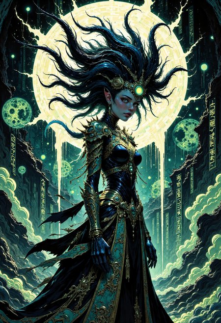 (in Otomo Katsuhiro style:1.2), masterpiece, high-quality, A shadow priestess with tendrils of living darkness flowing from her ornate headdress, Her armor is sleek and sharp etched with runes that faintly pulse like dying embers, She stands in a cavern of obsidian lit only by the eerie glow of ancient glyphs etched into the walls, void magic, living shadows, rune-lit abyss, (Dark fantasy comic style with bold contrasts and textured shading:1.1), (elaborate fine details:1.1), (hyperdetailed:1.1), (intricate details:1.0), (Refined details:1.1), (best quality:1.1), (high resolution:1.2), <lora:FLUX\VividlySurrealV2:1.0>