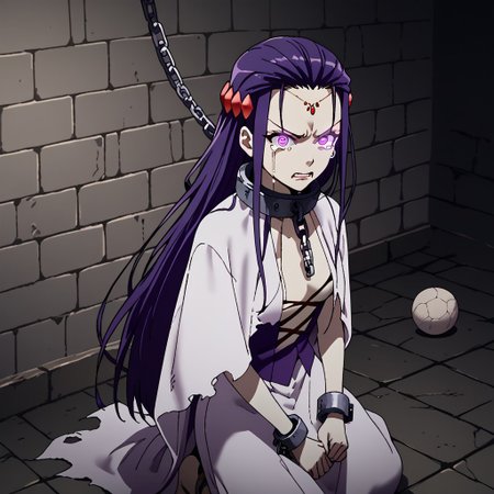zPDXL3, score_9_up, score_8_up, score_7_up, (Anime_source), 1girl, standing, looking at viewer, angry, QueenGizelotte, purple eyes, purple hair, very long hair, white rags, white cloth, long rags, slave, ripped clothes, ball and chain restraint, bdsm, chain, chained, collar, cuffs, metal collar, restrained, shackles, crying, kneeling, glowing eyes, sinozick style, flat color, dark theme,