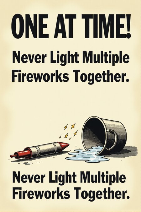 A vintage poster with a clear, simple illustration of a firework rocket lying horizontally on the ground next to a tipped-over bucket of water. Flames are subtly depicted near the rocket. Bold, black text on a white background warns: "ONE AT A TIME! Never Light Multiple Fireworks Together." Emphasize the potential for chaos and danger with multiple ignitions.  <lora:REMEs_War_Poster_Style:0.95> In REME's War Poster Style,âââ