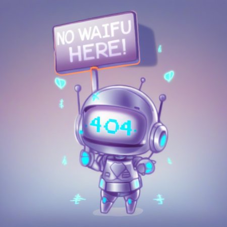 A Chibi cute robot holding a sign that says âNo Waifu here!â , the back of the image is showing the numbers â404â , gradient, gradient_background,  SILVER_background, solo, standing, crispy clear, sharp contrast, simplistic 2d illustration in chibi artist style