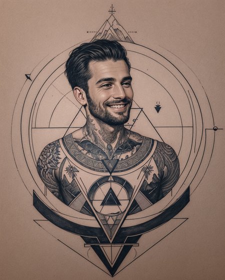 (portrait of a man, face, natural smile, side-view:1.3), <lora:wrenchgeometricgalore:0.8>tattoo, wrenchgeometricgalore, colorful-theme, geometric pattern, square, triangle, circle, mountains, trees, compass