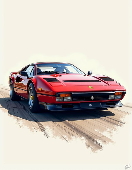 A beautiful fine sketching, legendary Group B rally cars poster featuring Ferrari 288 GTO	B/12 close shot, official group b livery,  detailed, (ink and wash style:0.99), shiny and reflective,  style of retro automotive poster, best quality