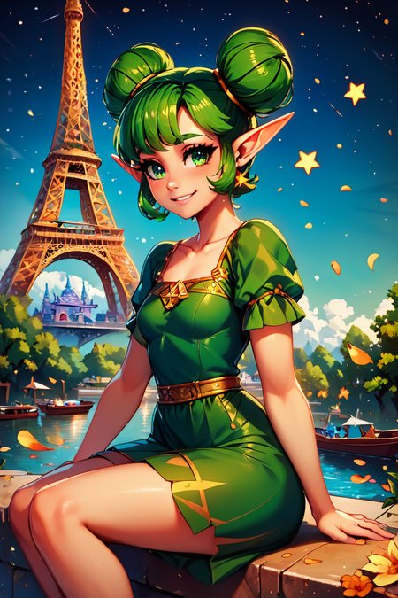 score_9, score_8_up, score_8, medium breasts, (curvy), cute, eyelashes,       BREAK, , zzFarore, green eyes, green hair, double bun, pointy ears,  bangs, green dress, collarbone, short sleeves  <lora:Farore_Zelda_PDXL:0.5>, , BREAK,  zzEiffelTower in background, sitting, watercraft, boat, sitting on wall, side view, looking at viewer, smile,  BREAK, blooming stars, luminescent petals, otherworldly fragrance blurry background, embedding:zPDXL, Expressiveh, <lora:EiffelTowerPDXL:0.8>,  <lora:CatalystStylePDXL:0.6>,  <lora:SDXLFaeTastic2400:0.5>,  <lora:Expressive_H-000001:0.4>,
