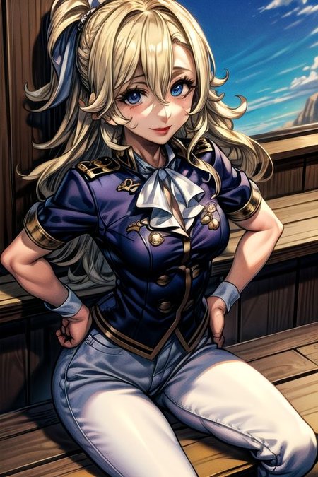 masterpiece, Lily Kokoschka , best quality, best quality, ultra-detailed, highres,sharp focus,(ultra detailed,extremely detailed), 1girl,(masterpiece, best quality), LilyKOKOSCHKA, 1girl, solo, long hair, small breasts, blonde hair, hair between eyes, uniform, ascot, wavy hair, eyes visible through hair, white ascot, riding pants, hungry clicker, Hands on Hips, From above, sitting, brutal smile