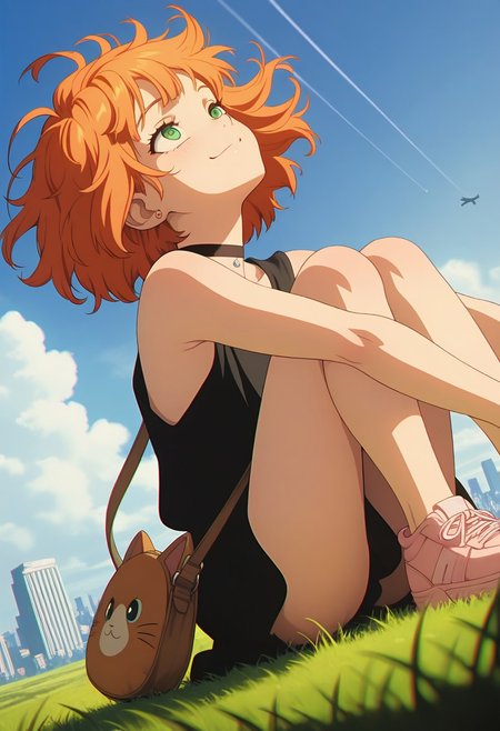 masterpiece, best quality, amazing quality, LDSCH, aesthetic, 1girl, solo, cute, kawaii, petite, orange hair, bob cut, green eyes, fair skin, short hair, messy hair, floating hair, smiling, looking at sky, looking up, head tilt, knees up, big cat, dress, pink sneakers, cute bag, black choker, jewelry, bare arms, sleeveless, blue sky, day, white and gray flat clouds, windy, fantasy, open spaces, grass, city scape, airplane trail, dutch angle, cowboy shot, from below, dynamic pose, dynamic angle, from side, close-up, blurry, chromatic aberration,
