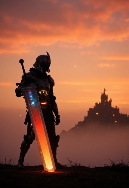 A knight stands in the foreground, his futuristic, gleaming armor glowing softly in the warm hues of a breathtaking orange and pink sunset. The fading light bathes the entire scene in a melancholic, golden glow, the sky painted in vibrant shades of amber, rose, and dusky violet. His armor, both sleek and intricate, reflects the sunset’s colors, making him appear almost otherworldly, with sharp angles and subtle glowing elements that suggest advanced technology.
The knight holding a giant sword, towering, his imposing figure filling the frame with both grace and danger. His gaze is distant, but there’s an undeniable aura of power and respect emanating from him, as if he's a guardian of an ancient, forgotten world. The soft light glints off his polished armor, revealing fine details, like etched patterns that tell untold stories of past battles.
Behind him, the mist lingers like a veil, adding an almost magical quality to the atmosphere, while the distant silhouette of a colossal black castle emerges from the fog. Its towering spires are faint but unmistakable, standing as a dark and imposing backdrop to the knight’s figure. The air is thick with mystery, and while the knight’s presence exudes awe and danger, the scene feels suspended in time—tranquil yet full of foreboding. The warm sunset casts an ethereal glow over everything, contrasting with the cold, stark presence of the knight and the eerie fog. It’s a moment frozen between two worlds: one of calm, magical beauty and the other of impending danger.