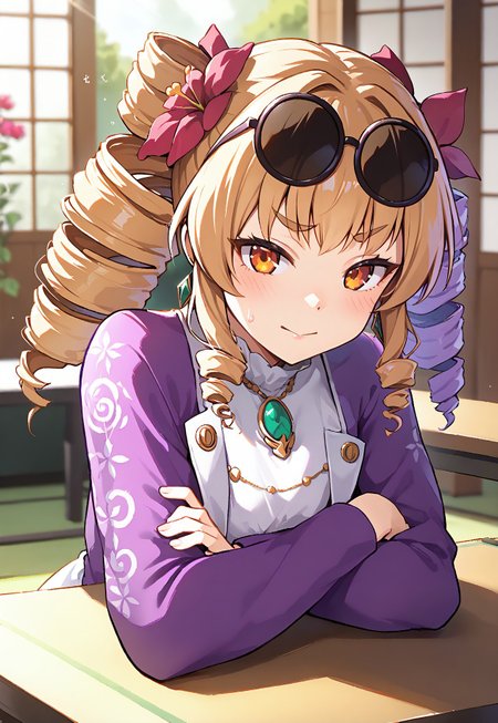 1girl, solo, yorigami jo'on, (drill hair:1.2), (eyewear on head:1.3), (jewelry:1.3), (white dress:1.4), (purple jacket:1.5), (facing camera:0.8), (slightly open mouth:0.1), natural pose, (light entering from left:1.5), (Japanese-style temple:1.5), (sliding doors:1.4), (vibrant flower garden:1.2), (blurred temples in background:0.8), (character's left shoulder closer:1.3), (thick paint style:1.4), (facing down shyly:1.1), (blushing:0.7), (jewelry:1.3), (white dress:1.4), (purple jacket:1.1), (facing camera:1.5), (shy smile:0.2), (nervous smile:0.7), (head tilted clockwise:1.3), (shoulders slightly hunched:1.2), (sliding doors:1.4), (vibrant flower garden:1.2), (blurred temples in background:0.8), (arms resting on table:1.5), (hands resting firmly on table:1.2), (arms on table:1.6), (no hand movement:1.3), (crossed arms on table:1.6), (thick paint style:1.4), (head slightly tilted:1.3), (furrowed brows:1.7), (mouth slightly open with smile:0.4), (embarrassed:1.5)(looking at the camera:1.6), (playful yet uncomfortable expression:1.2), (slight shoulder shrug:1.3), body leaning slightly forward, soft sunlight shining in from the left, temple room with sliding doors half-open,  colorful flowers outside, other distant Japanese buildings blurred, (morning light:0.8), (bright:0.6), warm lighting, anime style highly detailed shadows, warm atmosphere, anime art style, sunlight on face, soft glow. <lora:char-joon:1>