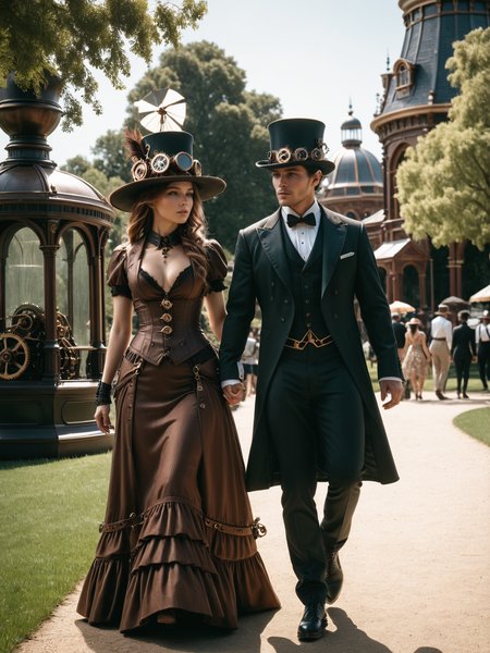 man wearing a top hatand tuxedo and woman wearing a wide summer hat and dress walking through park, steampunk, Victorian architecture,  <lora:Gearbound_Steampunk_Chic_2_SDXL:0.9> mad-stpk-ht, raw photo, film grain, Fujifilm XT3, (photorealistic, realistic:1.2), deep shadow,  8k, uhd, dslr, ultra high res