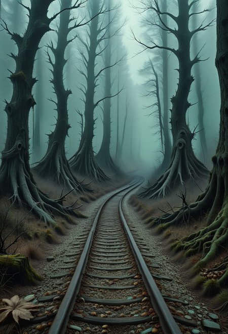 Abandoned rusty and curved railway track stretching into the foggy distance in a dark, ancient forest, twisted gnarled trees with bare branches, thick mist between trunks, gloomy autumn mood, overcast sky, cinematic horror atmosphere, muted colors, shades of gray and dark green, eerie silence, haunting vibe, style of psychological thriller movie, film grain, realistic textures, 8K, ultra-detailed, directed by David Lynch
