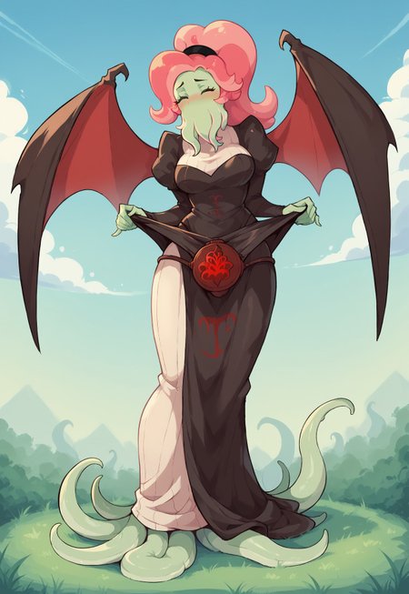 score_9,score_8_up,score_7_up, ultra quality, 1girl, Lnetaxl, cthulhu, mollusk, tentacle mouth, tentacle hair, pink hair, green skin, black hairband, two-toned dress, amulet belt, clothes lift,  juliet sleeves, closed eyes, blush, full body, tentacle legs, hands behind, green lush background, sky