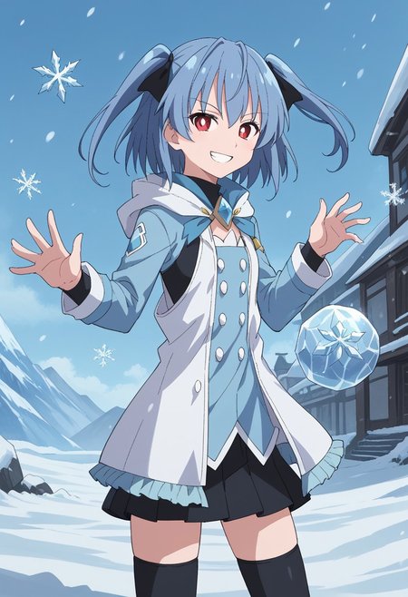 1girl, solo, sumirefrostia, mahoutouki, short hair, two side up, blue hair, red eyes, white pupils, grin, standing, outdoors, Icemagmb, ice, Snow, snowing, snowflakes, Ice ball,