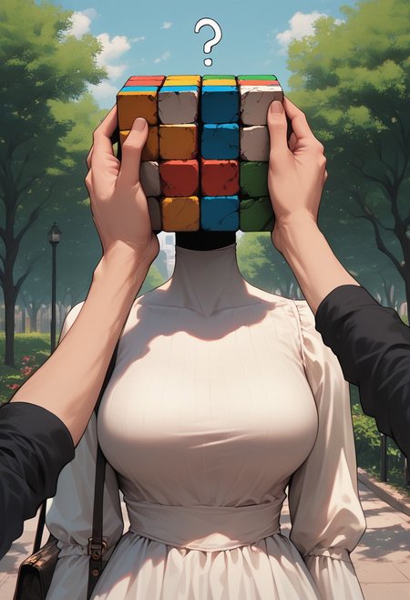 easynegative, source_anime, extremely detailed, score_9, score_8_up, score_7_up, score_6_up, object_head, h3ad,  <lora:Insert_Head_Here:1> rubik's cube, faceless, headless, large breasts, cute dress, holding head in hands, close up, head focus, portrait, question mark, speech bubble, no eyes, no mouth, no chin, park background, detailed background, purse, pov male hands,