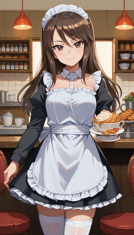 score_9, score_8_up, score_7_up, source_anime, ,
 <lora:GUPMika:1> AAMIka , 1girl, mika (girls und panzer), long hair, brown hair, brown eyes,  cafe,looking at viewer,cowboy shot, (black strapless dress),maid, white apron, white thighhighs,smile