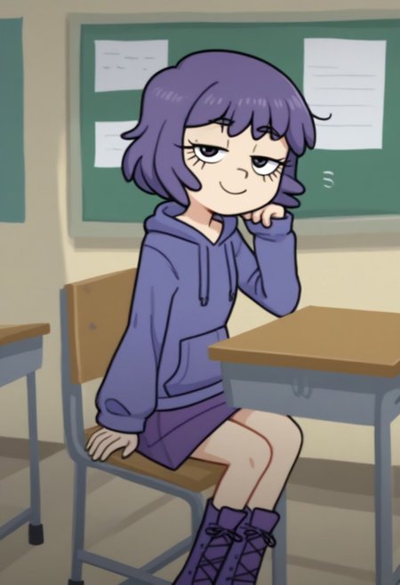 Sh4ri_WYSD, 1 girl, solo, short hair, purple hair, long eyelashes, purple hoodie, purple skirt, purple shoes, sitting on desk, looking at viewer, smiling, sleepy eyes,