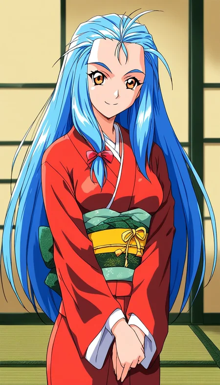 score_9, score_8_up, score_7_up, source_anime, rating_explicit, BREAK <lora:Minazuki_Kotoko_XL:1> Minazuki_Kotoko, blue hair, long hair, orange eyes, medium breasts,
1girl, solo, japanese clothes, red kimono, smile, looking at viewer, V arms,
 obi, 1990s (style), logo, company name, ribbon, hair ribbon, 
 standing, tatami,