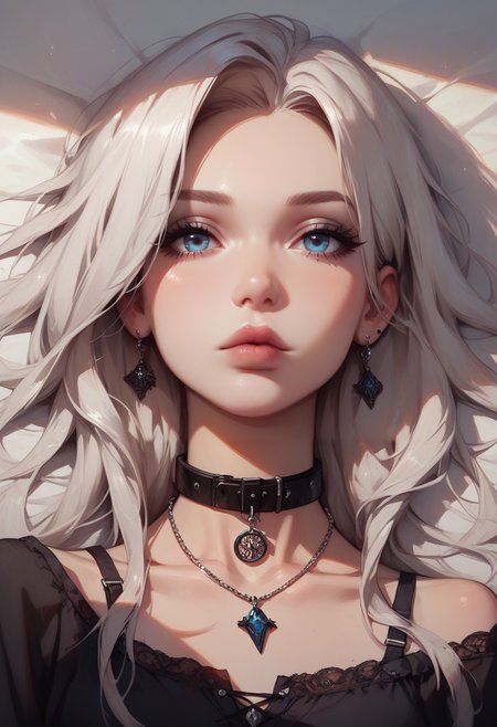 score_9, score_8_up, score_7_up, Goth girl, goth girl 1girl, 1girl,solo,long hair,looking at viewer,blue eyes,jewelry,collarbone,white hair,grey hair,lying,parted lips,choker,necklace,collar,shadow,black choker,portrait,close-up, <lora:[GP] somethingweird [Pony XL]:0.2>, <lora:g0th1cPXL:0.3>, <lora:Concept Art Twilight Style SDXL_LoRA_Pony Diffusion V6 XL:0.8>,  <lora:Goth_girl_XL-v2:0.8>