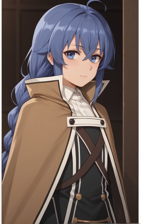 score_9, score_8_up, score_7_up, BREAK
Capelet_RoxyMigurdia_ownwaifu, 
1girl, blue eyes, blue hair, brown capelet, capelet, roxy migurdia, white dress, long hair, hair between eyes, braid, twin braids, brown cape, crossed bangs, long sleeves, bangs, black skirt, white shirt, dress, collared shirt, shirt, cloak,
(portrait, head tilt, looking at viewer), straight-on,  white border, bokeh, <lora:PONYXL_MushokuTensei_RoxyMigurdia_ownwaifu:0.8>, solo,