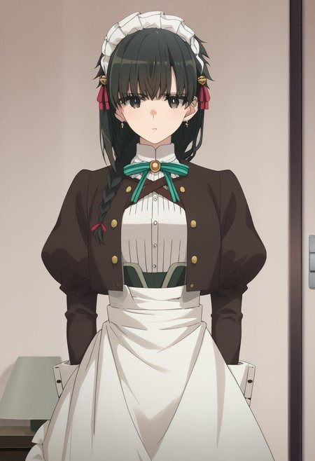 score_9, score_7_up, source_anime, 

yokoya, 1girl, solo, black eyes, black hair, braid, maid headress, jewelry, earrings, maid, shirt, white shirt, ribbon, neck ribbon, jacket, black jacket, long sleeves, gloves, white gloves, skirt, black shirt, apron, white apron, maid apron,

indoor,