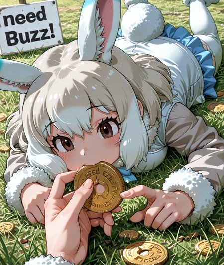 professional masterpiece, arctic bunny \(kemono friends\), kemono friends, 1girl, brown eyes, gigantic coin, coin on hand, eating, BREAK white_background, anime, black_outline, lying down on grass, most cute, NEED_BUZZ, sign on hand,