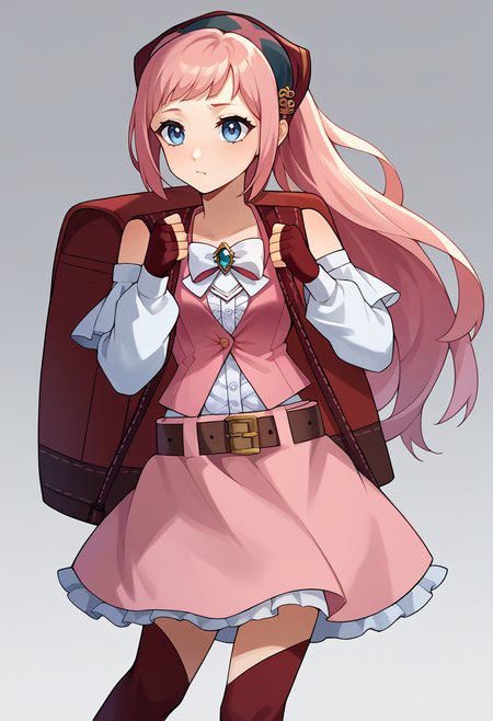 score_9, score_8_up, score_7_up, source_anime BREAK 1girl, <lora:ett-artist-richy-v1_xl:1> <lora:felicia-fe-richy-v1_xl:1> feliciapicnic, pink hair, ponytail, blue eyes, bandana, bow, sleeveless, detached sleeves, belt, skirt, red thighhighs, fingerless gloves, backpack