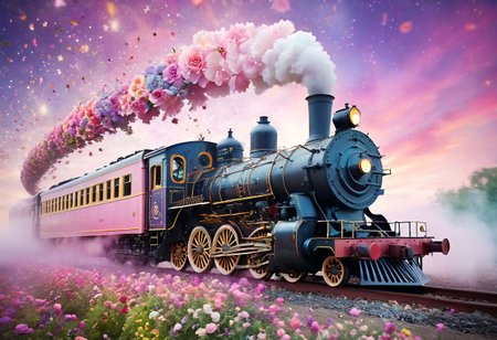 Train made from vibrant flowers, petals, vines, locomotive, steam engine, star-filled sky, whimsical, magical, swirling stardust, soft focus, pastel colors, hazy lighting, fairytale