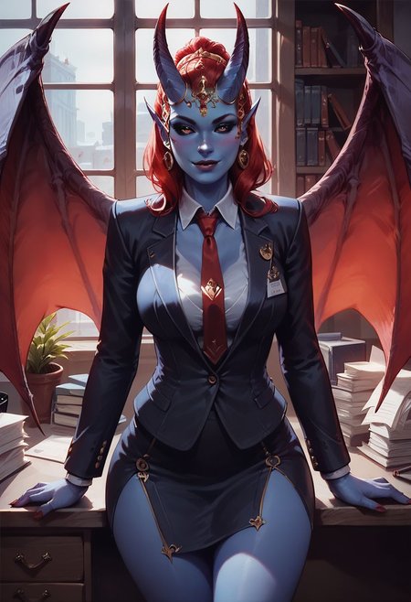 score_9, score_8_up, score_8, 1girl, detailed, high definition, perfect quality, blue skin, red iris, black eyes, red hair, demon horns, demon wings, seductive, posing, thigh gap, office setting, indoors, suit and tie