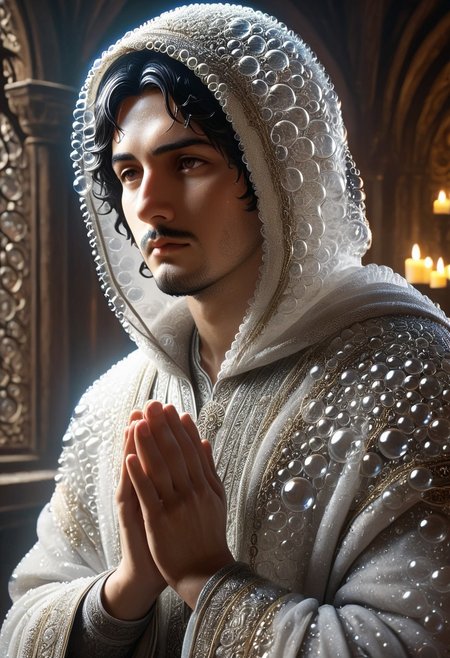 cinematic portrait, a man with hood praying statue made_of_bubbles, statue of torithor(1boy, bara, short hair, black hair, brown eyes, facial hair), intricate carvings covered with flower, dim candlelight flickering across weathered features, hyper-detailed fabric folds, volumetric fog, gothic atmosphere, 8k resolution, unreal engine 5, photorealistic, dramatic chiaroscuro lighting, bubbles, colorful bubbles