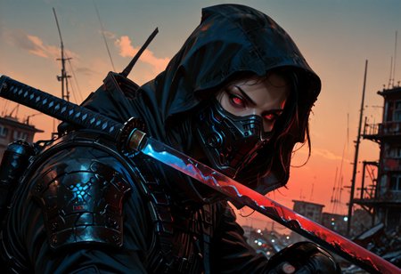 masterwork, masterpiece, best quality, detailed, depth of field, , high detail, best quality, very aesthetic, 8k, photorealistic, realistic skin, deep colour, high contrast, hyperdetailed, matte digital painting, trending on artstation, sharp edges, precise, clear focus, detailed face, closeup, face focus, sideview, wide shot, looking at viewer, 
 futuristic, gritty. 
line art, ink art of a woman, solo, soldier, enigmatic, (glowing red eyes), matte black modular suit of armor, molded armour, whole body protection, heavy boots, holding a katana, blue glowing blade, ready to fight, fighting stance. Deep hood, black face mask, pale skin, 
background war-torn urban landscapes, dramatic lighting, dynamic angle, whole body, face focus, high contrast, deep shadows, distant fires, smoky sky, matte painting, 
 STP-Illu