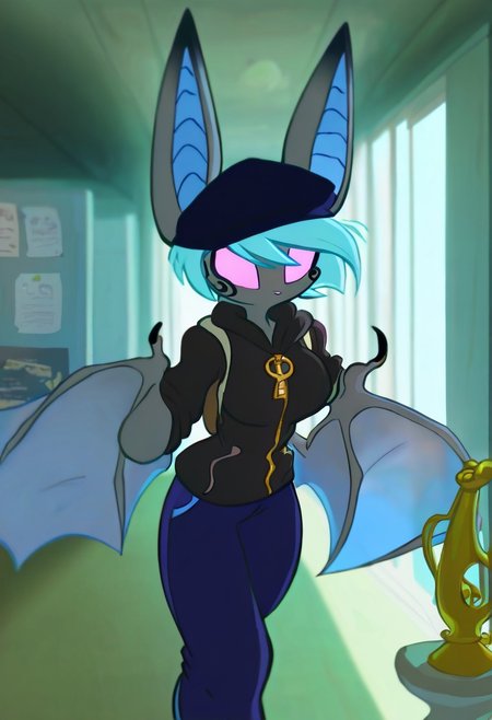 Vanth,1girl, solo, furry, gray fur, pink eyes, blue hair, black marks around eyes and the tips of her ears, single claw on each of her wings, wearing a black hoodie with a large ring on her zipper, blue pants ,  dark-blue cap, backpack, hallway, school, lockers, skylight, bulletin_board, display_case, trophy, posters_(object)