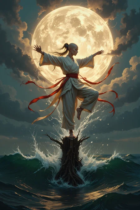 there is a vast ocean of dark water. In the middle of the ocean there is a single wooden pole. On the pole a female bald monk wearing white monk robes with a red belt is doing a kungfu high kick basking in the noon sun.  Fantastic lighting. Detailed shadows.intricate details, vivid colors, hyper-detailed, ultra-sharp<lora:FLUX-daubrez-DB4RZ:0.3><lora:- Flux1 - vanta_black_V2.0:0.3><lora:Midjourney_Lucid_Dreams_FLUX_LoRA-000001:0.2><lora:MysticFantasy:0.3><lora:dark-fantasy:0.2><lora:Magic of Art  3 (FLUX):0.35>