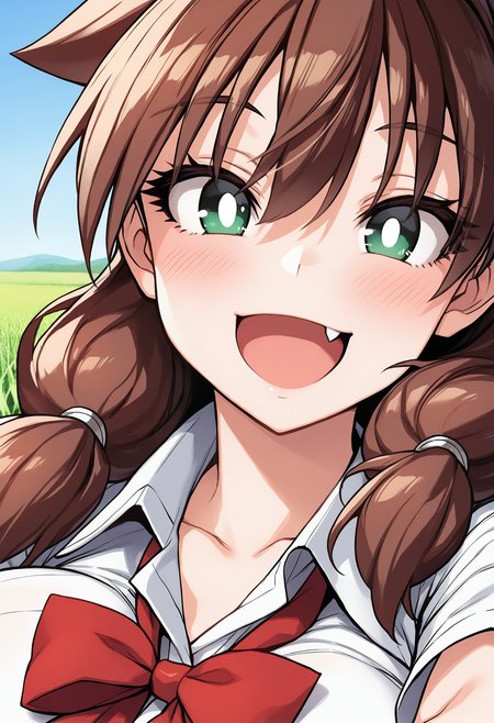 smile, fang, 
amano_megumi, green eyes, bright pupils, white pupils, brown hair, low twintails, school uniform, red bowtie, collared shirt, short sleeves, <lora:amano_megumi_illustrious_ver1:0.8>, masterpiece, best quality, questionable,, 1girl, solo, (field:1.2), (blue sky:1.2),, (upper body:1.2), (close-up:1.2), (facing viewer:1.4), (open eyes:1.4), (portrait:1.4)