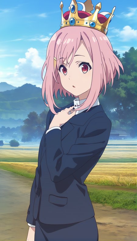 score_9,score_8_up,score_7_up,
<lora:yoshinokoharu:0.9>,
yoshinokoharu,animated,
1girl,solo,
pink hair,short hair,bangs,
red eyes,looking at viewer,parted lips,
blue blazer,white collar shirt,blue pencil skirt,crown,
upper body,
outdoors,morning,summer,countryside,village in background,rolling hills,tree,road,fields,blue sky,cloud,bloom,