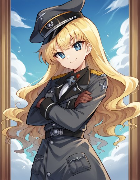 score_9, score_8_up, score_7_up, source_anime, <lora:retia-adolf-ponyxl-lora-nochekaiser:1>, retia adolf, blue eyes, blonde hair, wavy hair, bangs,, gloves, hat, military uniform, peaked cap, zettai ryouiki,, laundry day, clothesline, drying clothes, domestic life, fresh air, blue sky, smile, looking at viewer, crossed arms, smile, smug, solo,, cowboy shot, dutch angle