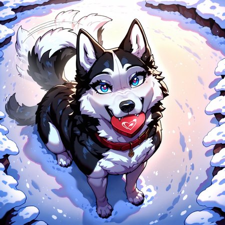 masterpiece, best quality, newest, absurdres, highres, (More Details), (8K), 1dog, female dog, animal husky, feral. black fur, white fur, blue eyes, thick eyelashes, red dog collar, sitting, looking at viewer, heart shape box in mouth,  tail wagging, above view, winter, snow,