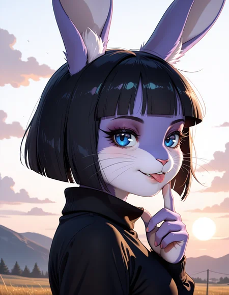 masterpiece, best quality, very aesthetic, absurdres,
outdoors,  
upper body, headshot, from side, tongue out,
seductive smile, parted lips, long eyelashes,
 <lora:Marlenne_v02_NAIXL:1>
m4rl3nn3,1girl,solo,furry,furry female,rabbit girl,black hair,short hair,blunt bangs,rabbit ears,blue eyes,animal nose,whiskers,body fur,purple fur