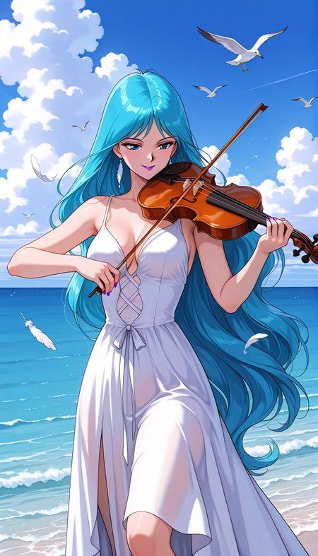 masterpiece,best quality,amazing quality,1990s \(style\),1girl,solo,sailorsiren ill,blue eyes,long hair,very long hair,lipstick,blue hair,makeup,purple lips,violin,bird,dress,instrument,sky,white dress,bow (music),cloud,music,playing instrument,ocean,seagull,feathers,smile,horizon,<lora:sailorsiren ill:0.8>,