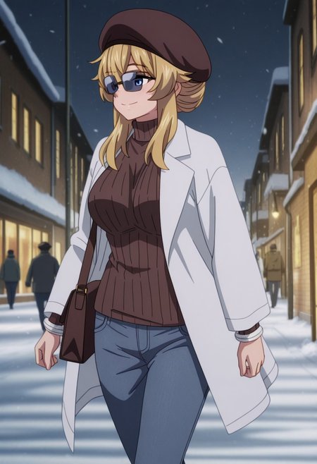 masterpiece,perfect quality,best quality,absolutely eye-catching,absurdres,highres,newest,anime coloring, anime screencap,(1girl,solo),PepeshaCivilian, blonde hair, long hair, blue eyes, large breasts, ribbed sweater, brown sweater, turtleneck sweater, long sleeves, jeans, white jacket, sunglasses, beret, bag, single hair bun, sidelocks, bangs, walking, smile, city, street, snow, sunny, outdoors