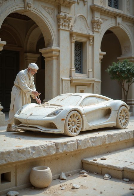 highly detailed and hyper realistic, hyper realistic and highly detailed, ultra intricate details, an antique sculptor carved a car out of marble, a sculptor on the street in his yard, he is surrounded by antique architecture, he is dressed in antique clothes, modern sports car, sculptor carefully working to knock the car out of a block of marble