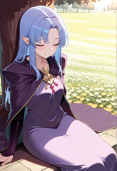 close-up,1girl, pointy ears, blue hair, long hair, braid, blue eyes, long dress, purple dress, cape, smile, closed eyes, sitting, on floor, from above, outdoors, sunlight, tree, flower field, against tree  <lora:Medea_illus:1>, masterpiece, best quality, amazing quality, very aesthetic, absurdres, highres, newest